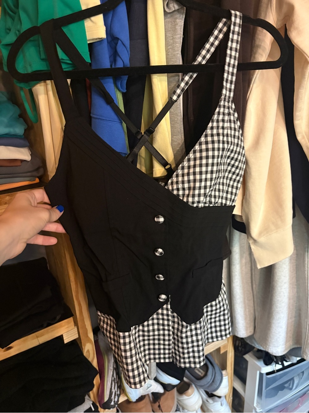 Black & White Gingham Asymmetric Button Cami Top